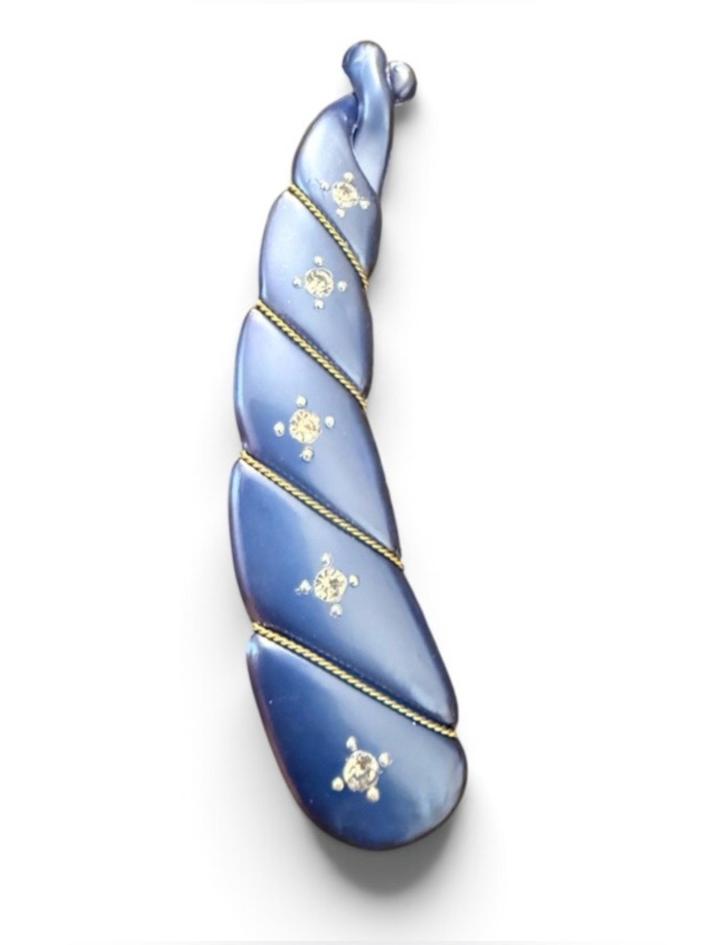 Vintage French Mini Banana Clip in Blue w Rhinestones & Gold Threading, 4” Long